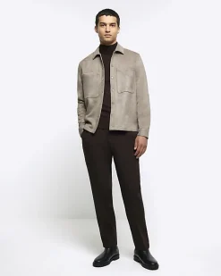 River Island suedette long sleeve shirt Stone Discount