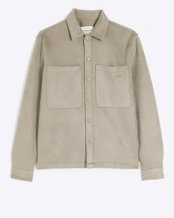 River Island suedette long sleeve shirt Stone Discount