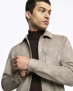 River Island suedette long sleeve shirt Stone Discount