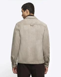 River Island suedette long sleeve shirt Stone Discount