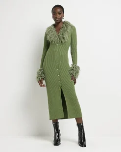 River Island Tall faux fur bodycon midi dress Green Best