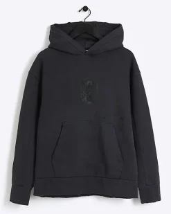 River Island Washed regular gothic graphic hoodie Black Clearance