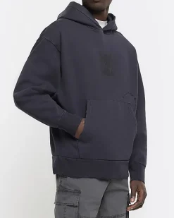 River Island Washed regular gothic graphic hoodie Black Clearance
