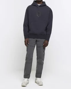 River Island Washed regular gothic graphic hoodie Black Clearance