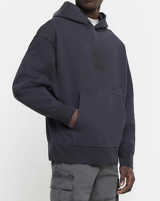 River Island Washed regular gothic graphic hoodie Black Clearance