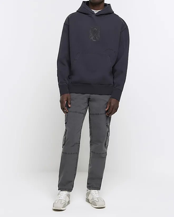 River Island Washed regular gothic graphic hoodie Black Clearance