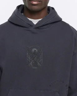River Island Washed regular gothic graphic hoodie Black Clearance