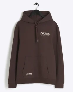 River Island Washed regular fit graphic hoodie Brown New