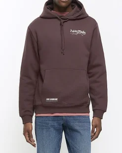River Island Washed regular fit graphic hoodie Brown New