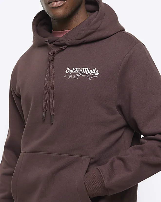 River Island Washed regular fit graphic hoodie Brown New