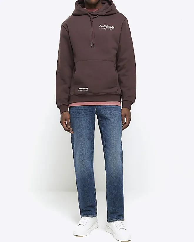 River Island Washed regular fit graphic hoodie Brown New