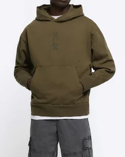 River Island Washed regular fit Japanese hoodie Khaki Outlet