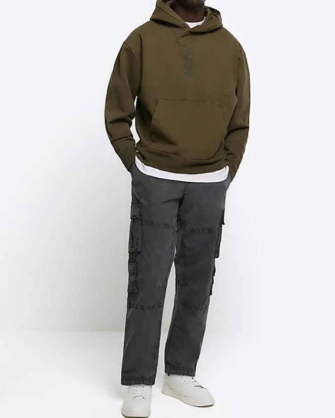 River Island Washed regular fit Japanese hoodie Khaki Outlet