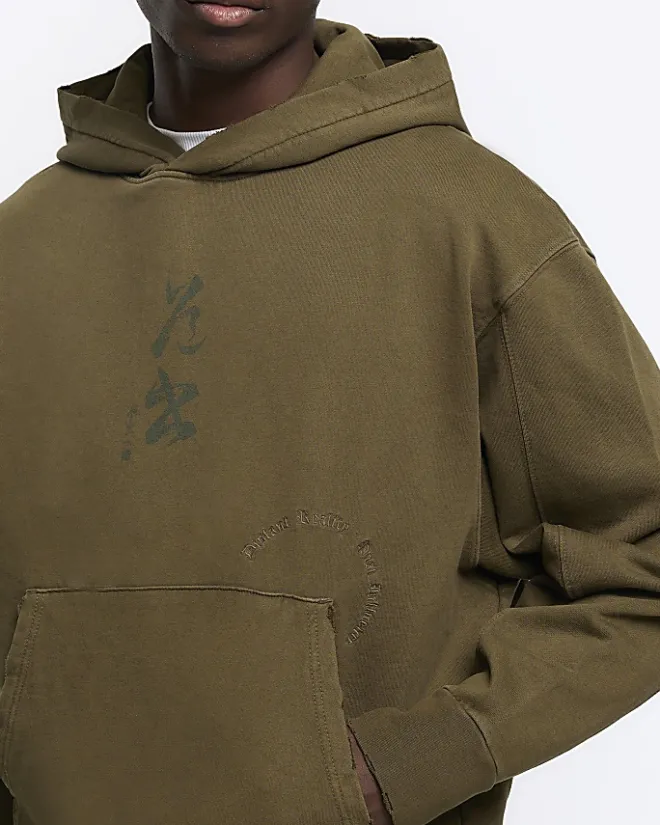 River Island Washed regular fit Japanese hoodie Khaki Outlet