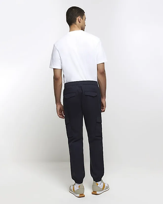 River Island Washed slim fit cargo joggers Navy Hot