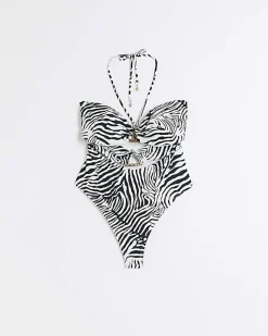 River Island animal bandeau cut out swimsuit White Best