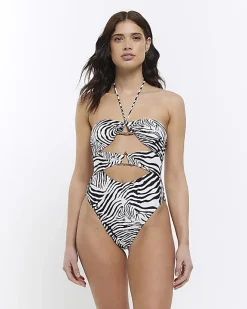 River Island animal bandeau cut out swimsuit White Best