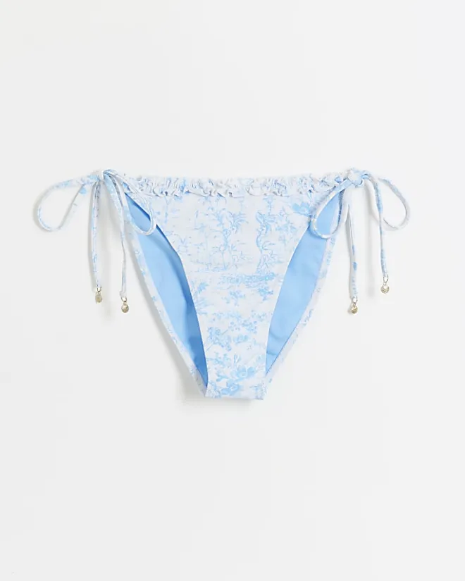 River Island floral frill tie side bikini bottoms White Best