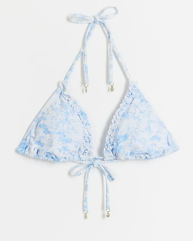 River Island floral frill triangle bikini top White Outlet