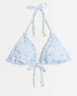 River Island floral frill triangle bikini top White Outlet