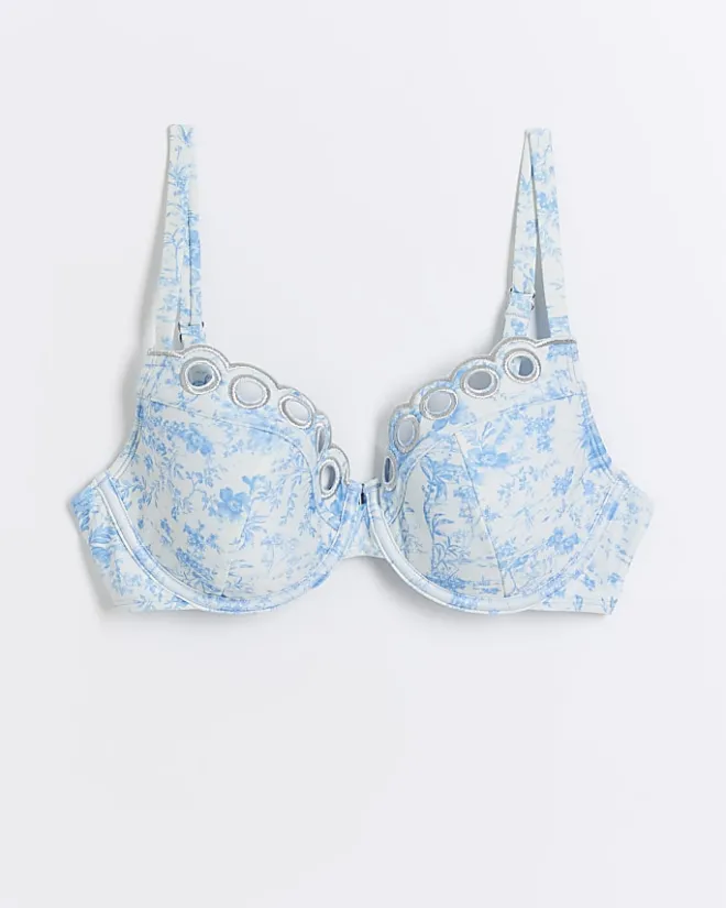 River Island floral scallop balconette bikini top White Discount