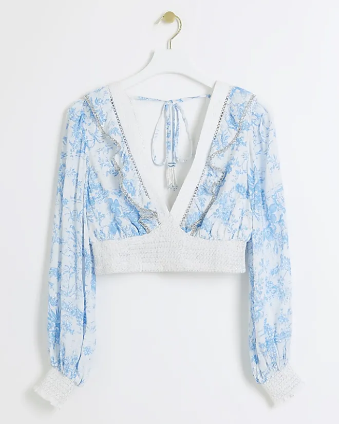 River Island floral shirred crop long sleeve top White Outlet