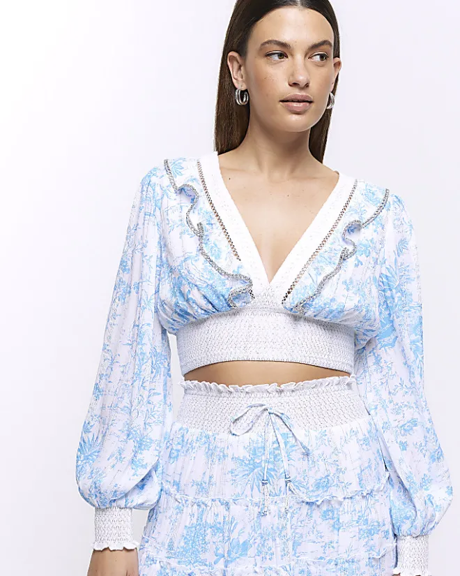 River Island floral shirred crop long sleeve top White Outlet