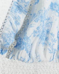 River Island floral shirred crop long sleeve top White Outlet