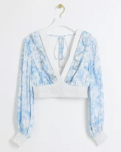 River Island floral shirred crop long sleeve top White Outlet