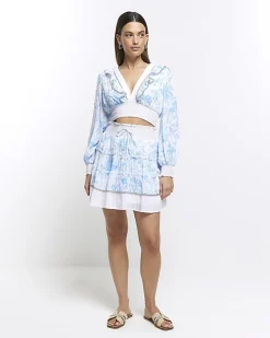 River Island floral shirred crop long sleeve top White Outlet