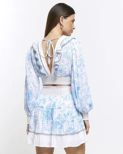 River Island floral shirred crop long sleeve top White Outlet
