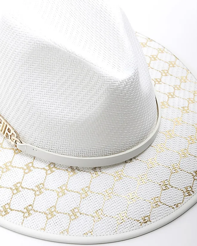 River Island monogram straw fedora hat White Clearance