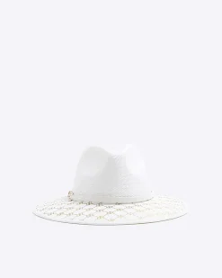 River Island monogram straw fedora hat White Clearance