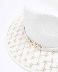 River Island monogram straw fedora hat White Clearance