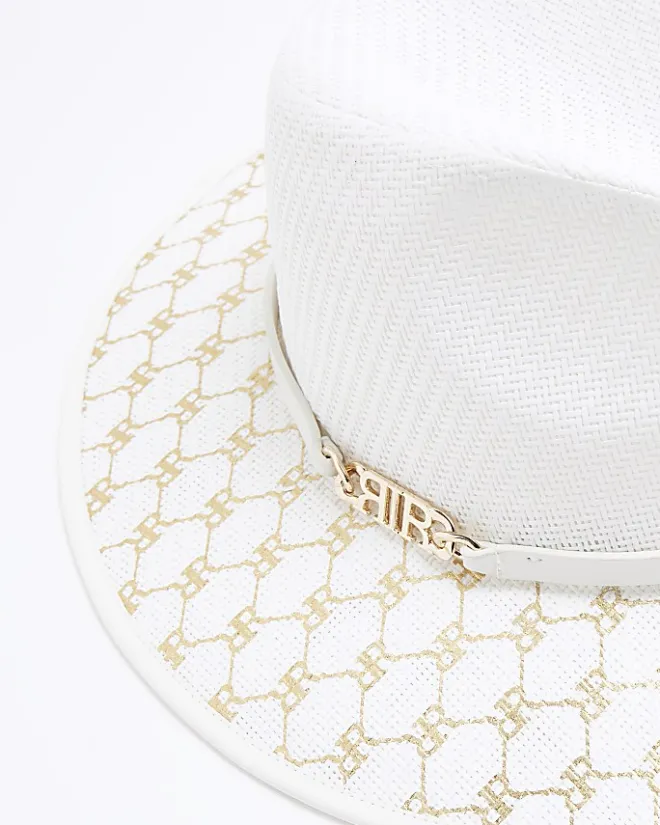 River Island monogram straw fedora hat White Clearance