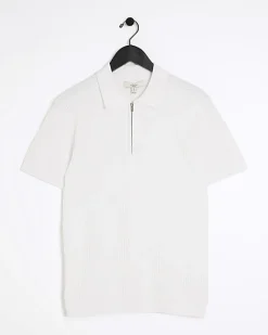 River Island muscle fit knitted half zip polo White Best
