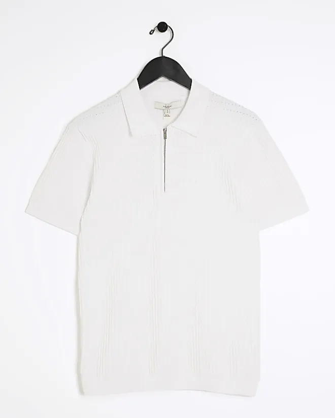 River Island muscle fit knitted half zip polo White Best
