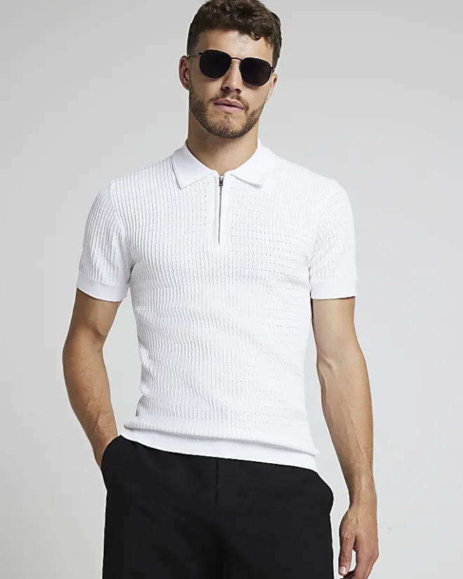 River Island muscle fit knitted half zip polo White Best