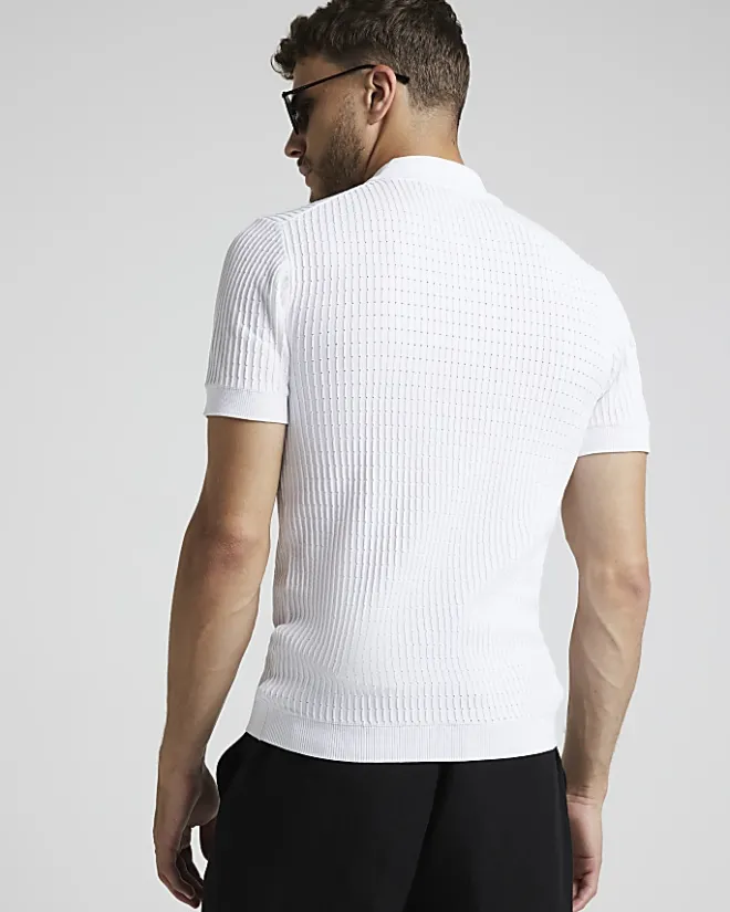 River Island muscle fit knitted half zip polo White Best