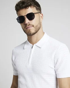 River Island muscle fit knitted half zip polo White Best