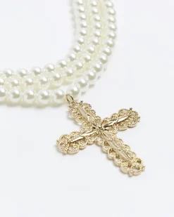 River Island pearl cross multirow necklace White Clearance