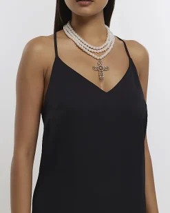 River Island pearl cross multirow necklace White Clearance