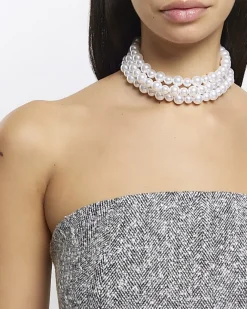 River Island Pearl Multirow Choker Necklace White Discount