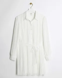 River Island plisse tie waist mini shirt dress White New