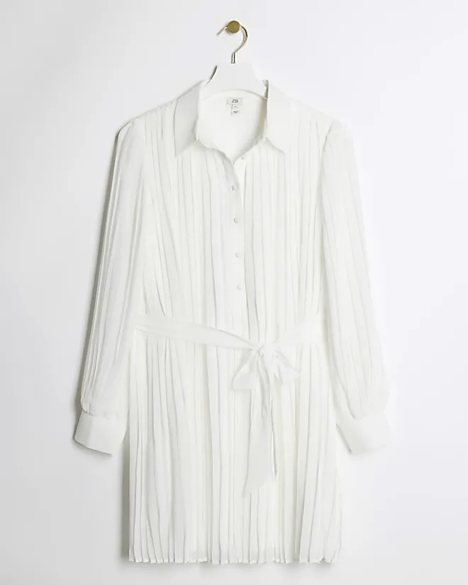 River Island plisse tie waist mini shirt dress White New