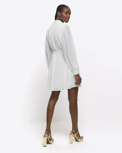 River Island plisse tie waist mini shirt dress White New