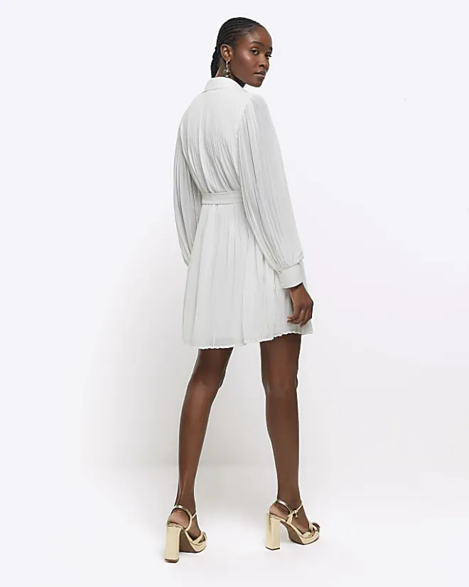 River Island plisse tie waist mini shirt dress White New