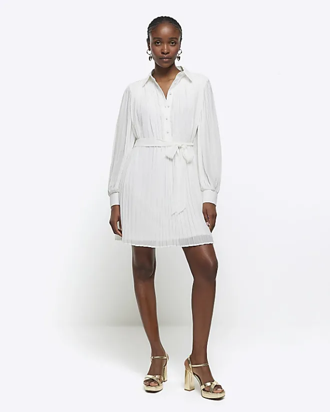 River Island plisse tie waist mini shirt dress White New