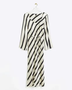 River Island satin stripe belted slip midi dress White Sale
