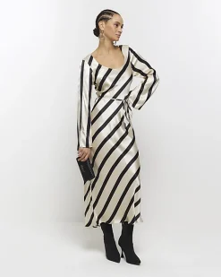River Island satin stripe belted slip midi dress White Sale